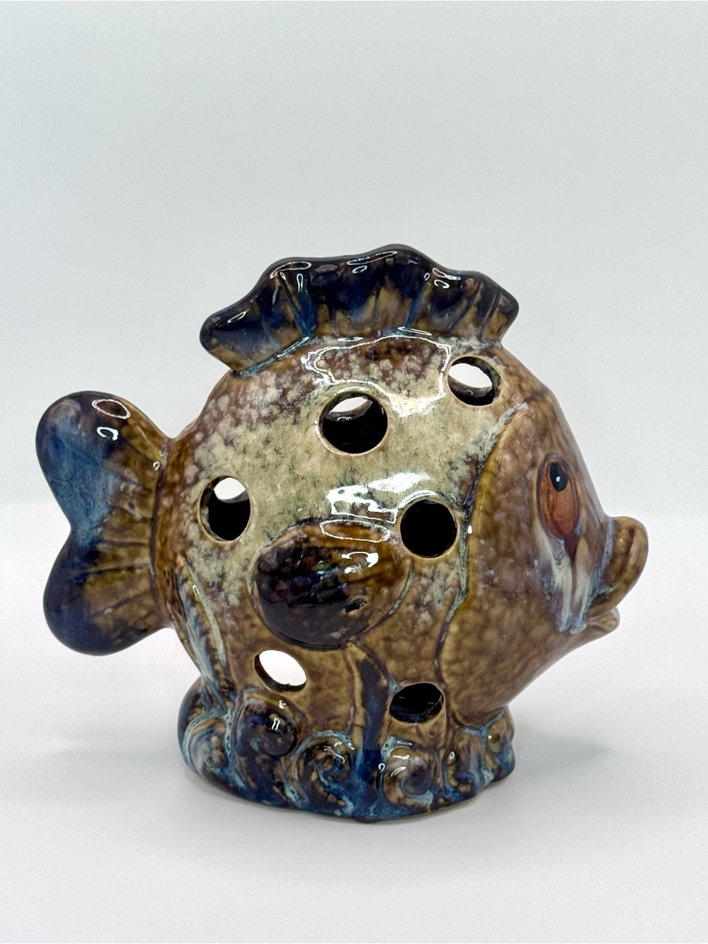 Ceramic Fish Luminary Candle Holder Art Pottery Drip Glazed Tea Light Coastal 8”